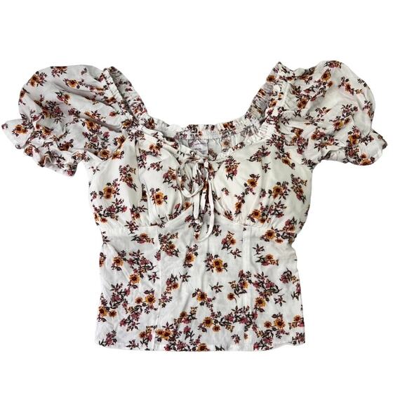 No Boundaries Top Women XS Juniors Ivory Floral Puff Sleeve Cropped Empire Waist - Picture 1 of 8